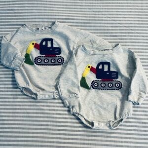 Twin boy set - Excavator Sweatshirt Bubble Onesie